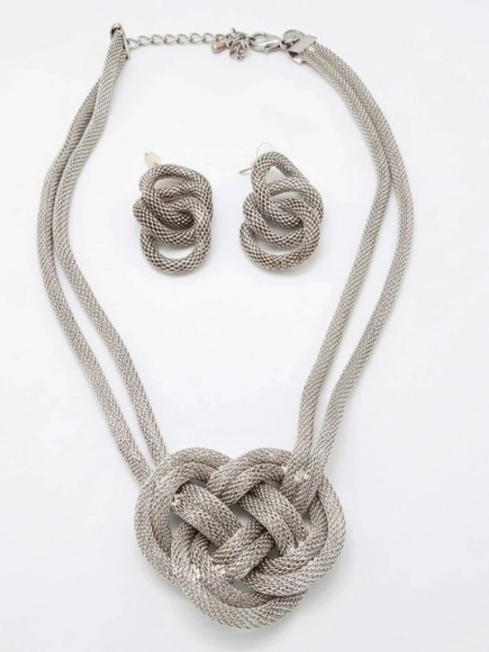 Vintage Silver Mesh Love Knot Necklace & Earrings Set Liquid Metal Statement